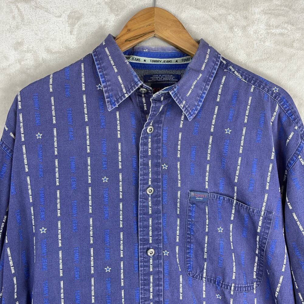 Tommy Jeans Vintage 90s Denim Shirt Men's Large Monogram Stripe Fade Wash Rare